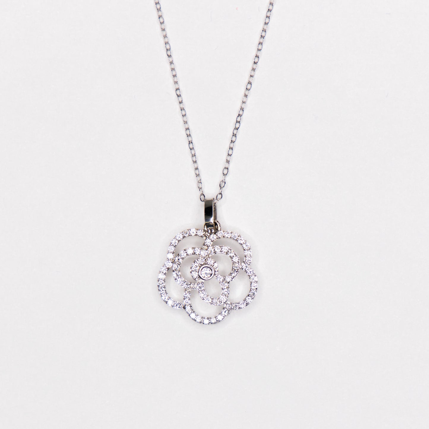 Custom 14kt White Gold Diamond Rose Pendant