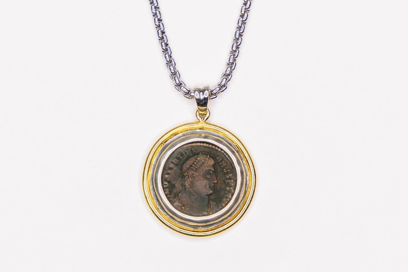 Custom Hand-Fabricated 14kt Yellow Gold and Sterling Silver Roman Coin Pendant