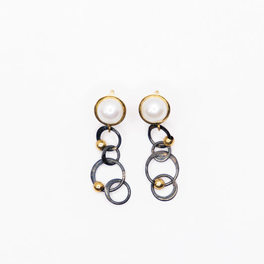 Unique 18kt Yellow Gold and Black Oxidized Sterling Silver Mabe Pearl Earrings