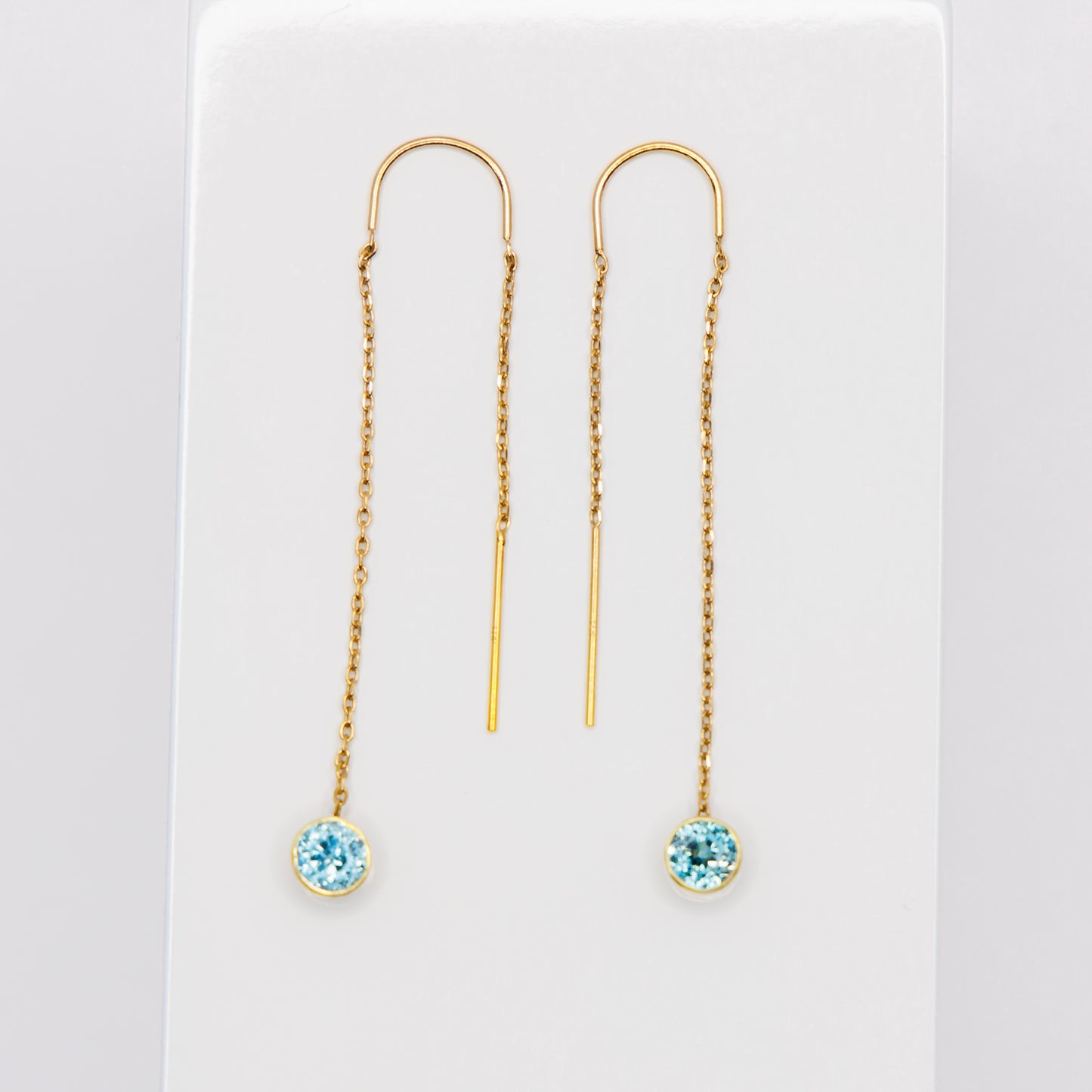 14kt Yellow Gold Chain-Dangling Threader Blue Aquamarine Earrings