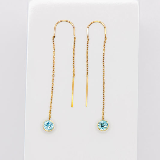 14kt Yellow Gold Chain-Dangling Threader Blue Aquamarine Earrings